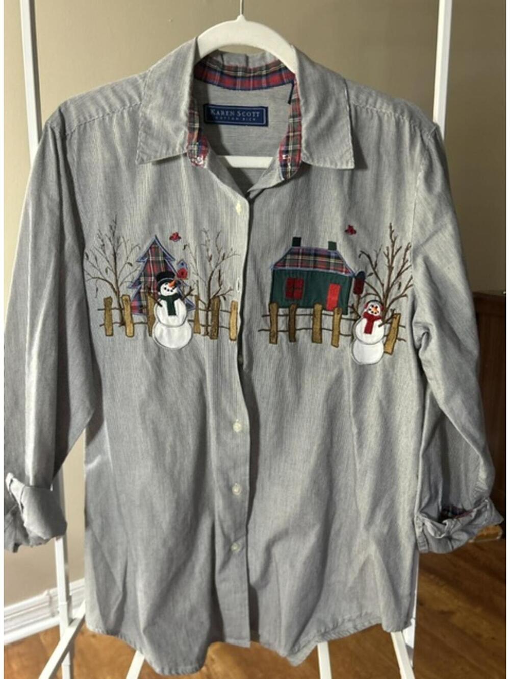 Kasper Scott Embroidered Christmas Snowman and House Button-Up Shirt Sz M